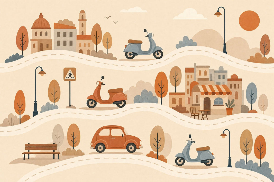 Illustrated Landscape Wallpaper European Town Scooters Removable Wall Decor pattern artwork
