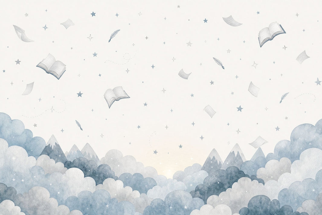 Floating Books Wallpaper Watercolor Sky Removable Whimsical Nursery Wall Decor pattern artwork
