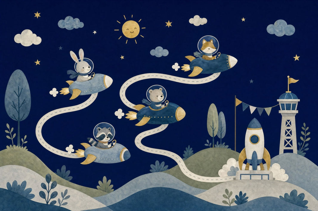 Kids Space Adventure Wallpaper Watercolor Illustration Animals In Rockets Removable Wall Decor pattern artwork
