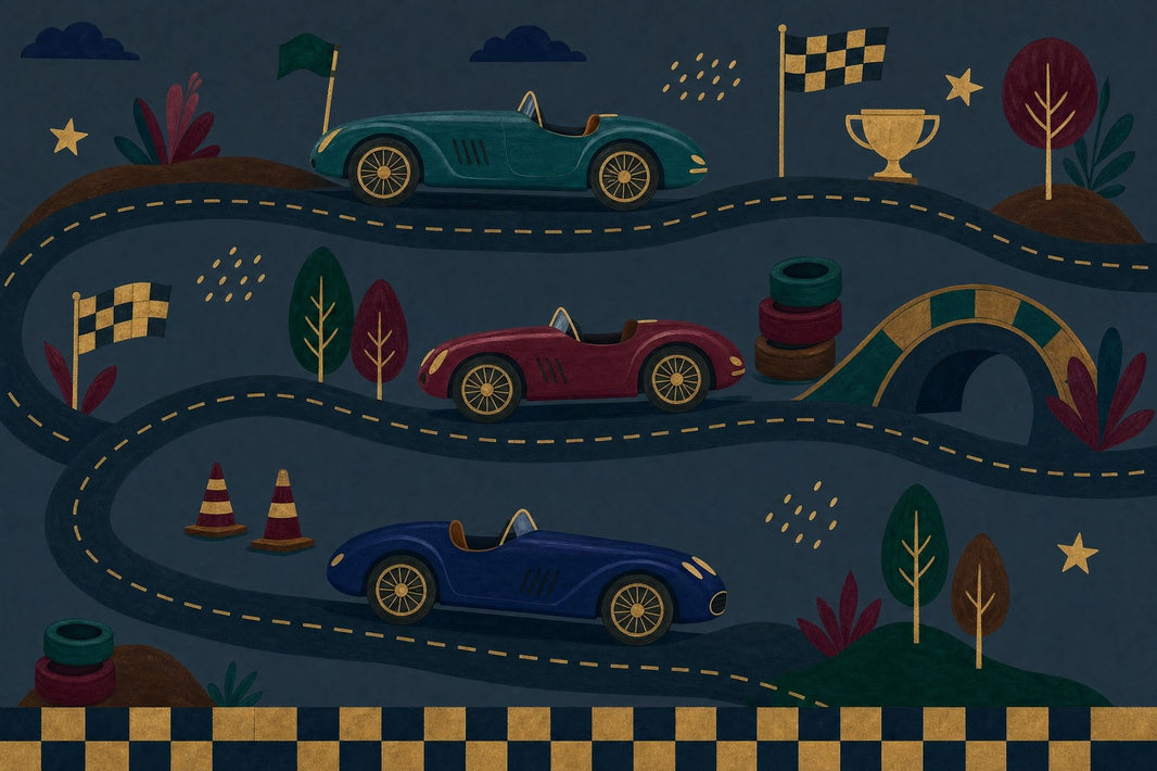 Dark Racing Wallpaper Vintage Race Cars Winding Road Track Wall Mural pattern artwork