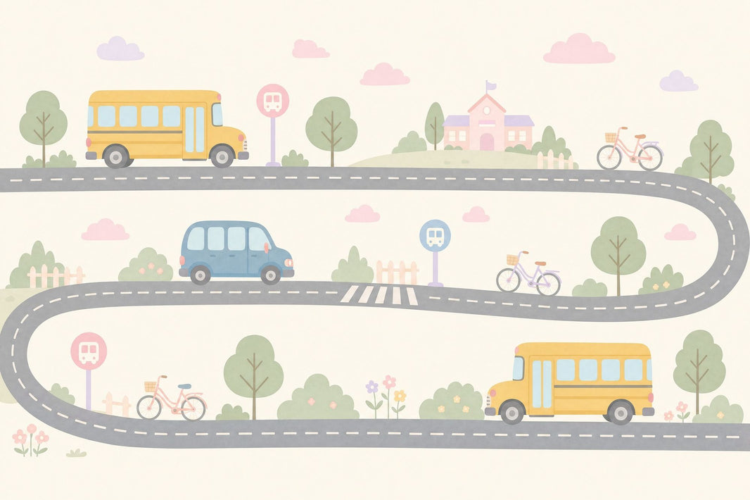 Kids Transportation Wallpaper School Bus Removable Winding Road Wall Decor pattern artwork