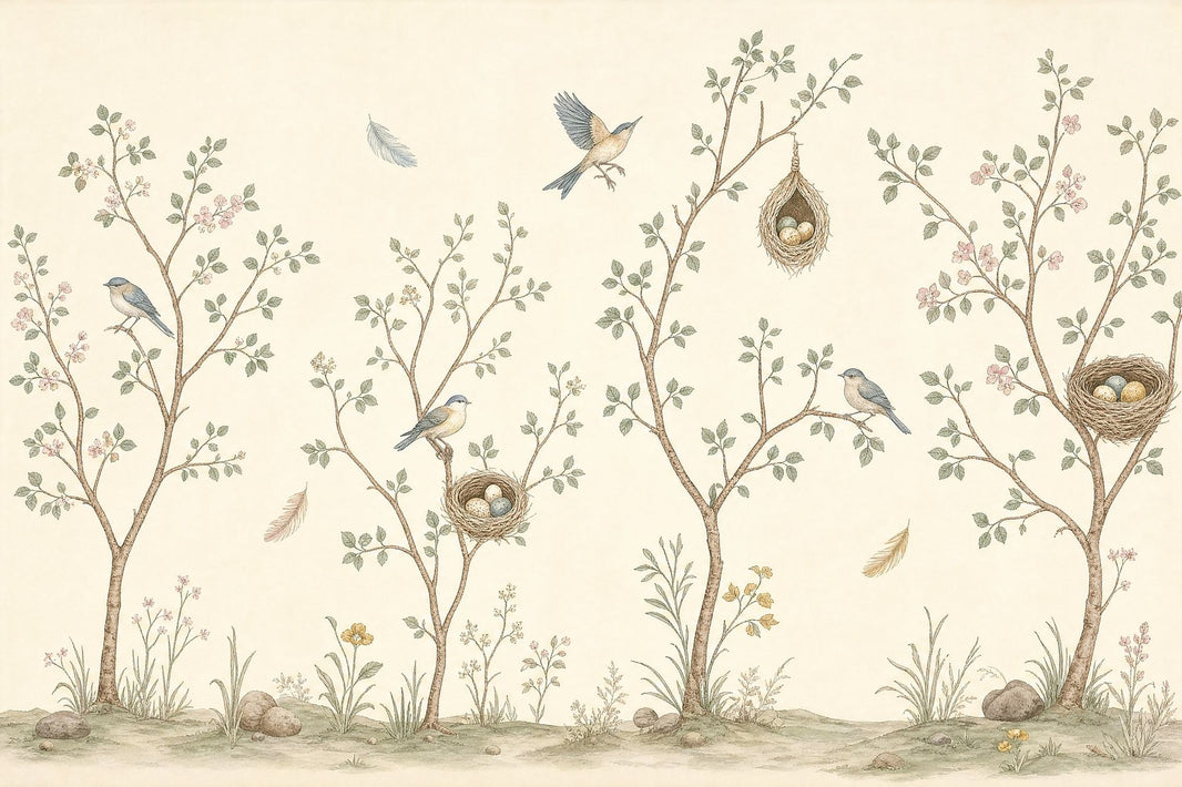 Bird And Nest Wallpaper Botanical Branches Soft Watercolor Removable Wall Decor pattern artwork