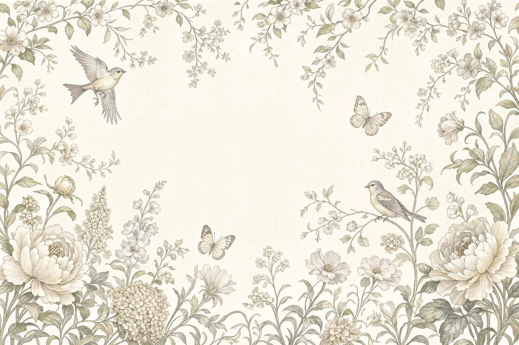 Vintage Botanical Wallpaper Floral Border Birds Wall Mural pattern artwork