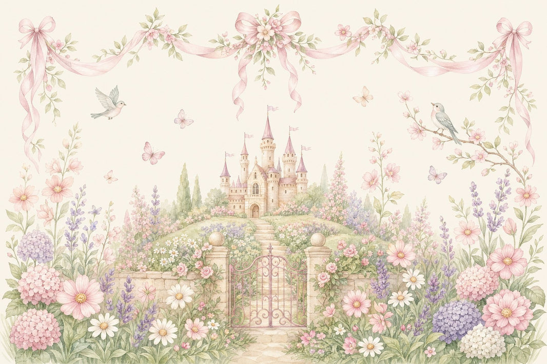 Fairy Tale Castle Wallpaper Pastel Watercolor Floral Garden Removable Wall Decor pattern artwork