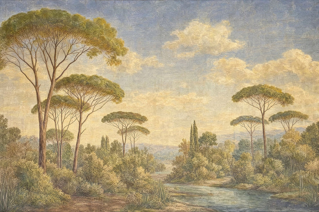 Landscape Mural Wallpaper Mediterranean Countryside Umbrella Pine Trees Wall Mural pattern artwork