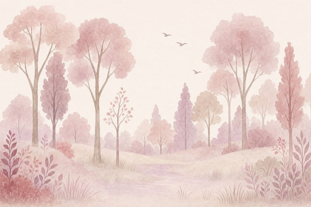 Woodland Landscape Wallpaper Watercolor Pastel Pink Wall Mural pattern artwork