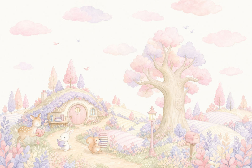 Storybook Landscape Wallpaper Pastel Cute Woodland Animals Removable Wall Decor pattern artwork