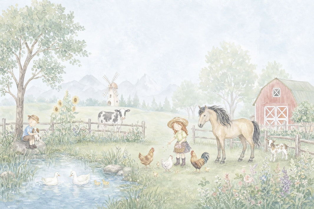 Pastoral Farm Wallpaper Watercolor Barn Wall Mural pattern artwork