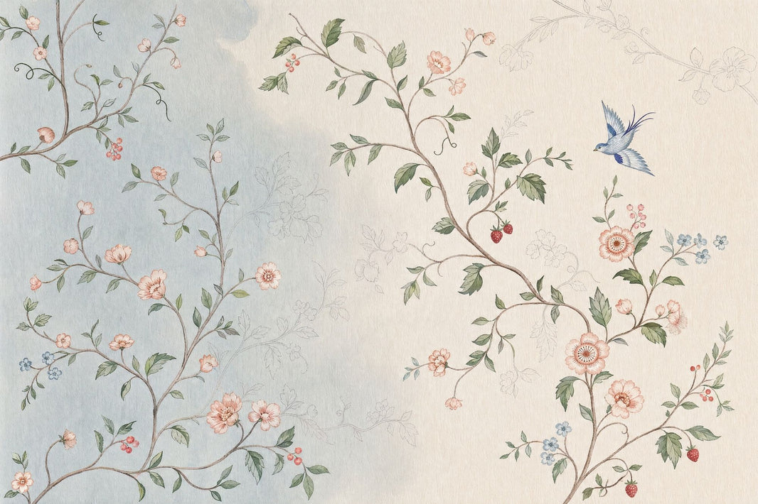 Vintage Botanical Wallpaper Floral Vines Removable Blue Bird Wall Decor pattern artwork