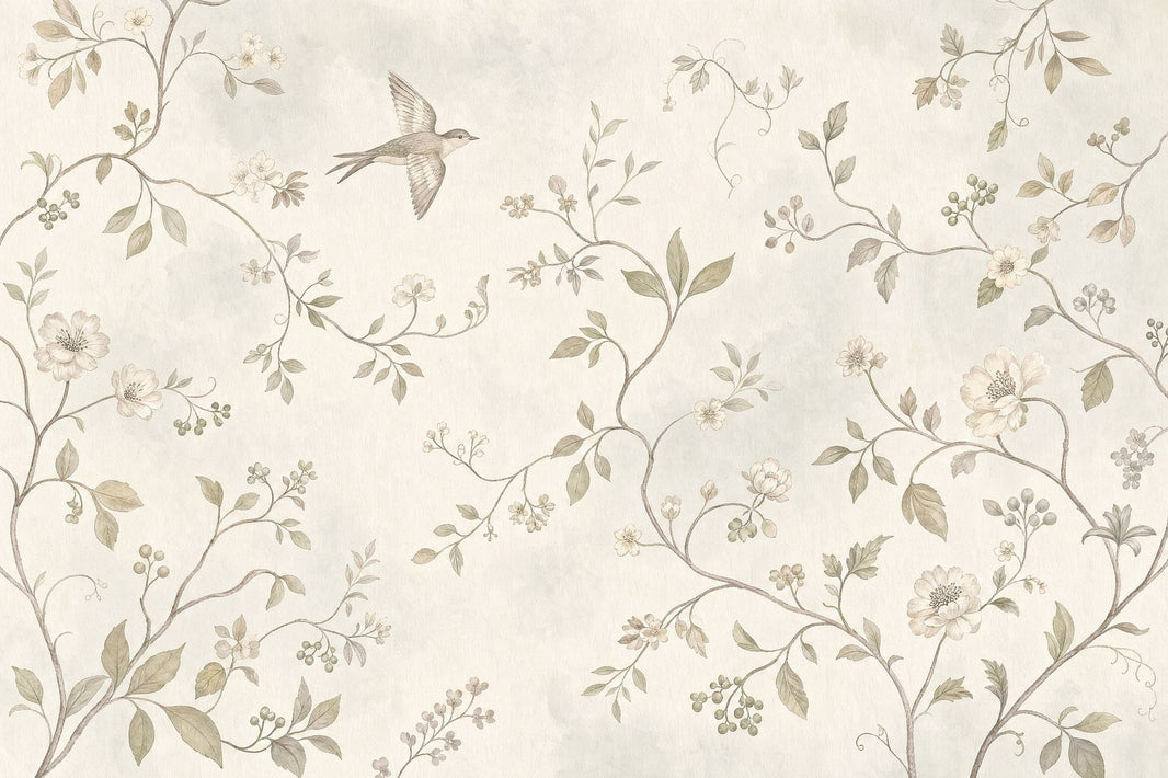 Botanical Vines Wallpaper Soft Floral Bird In Flight Wall Mural pattern artwork