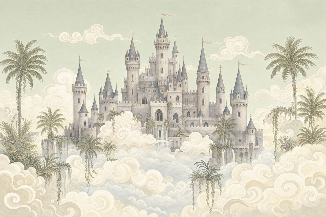 Fantasy Castle Wallpaper Floating Clouds Removable Storybook Landscape Wall Decor pattern artwork