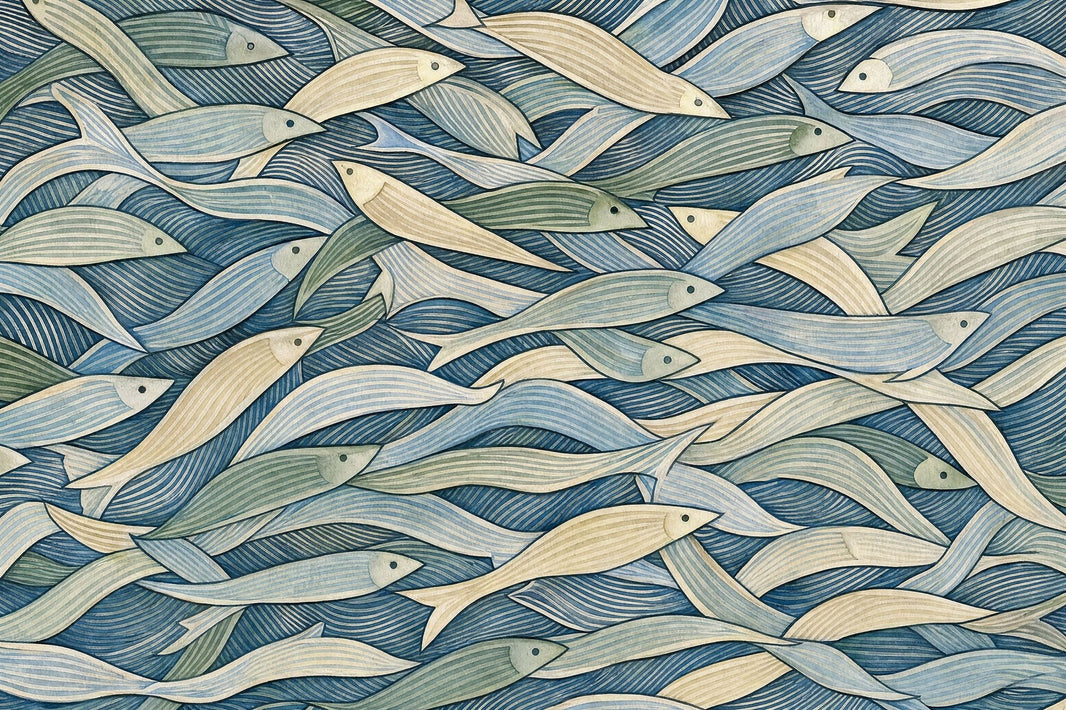 Coastal Wallpaper School Of Fish Removable Ocean Waves Wall Decor pattern artwork