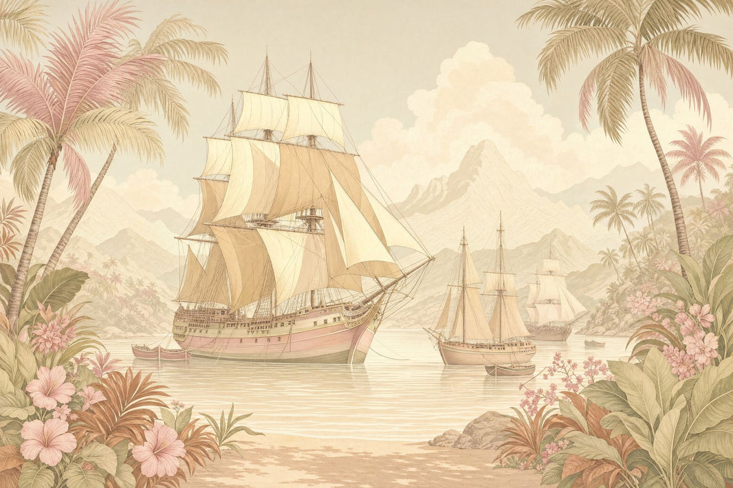 Tropical Landscape Wallpaper Vintage Maritime Sailing Ships Removable Wall Decor pattern artwork