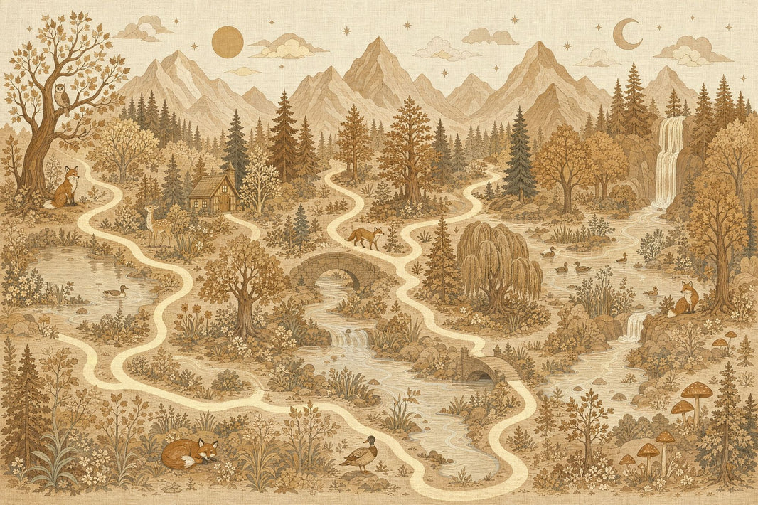 Vintage Woodland Landscape Wallpaper Sepia Beige Toile Mountains And Forest Wall Mural pattern artwork