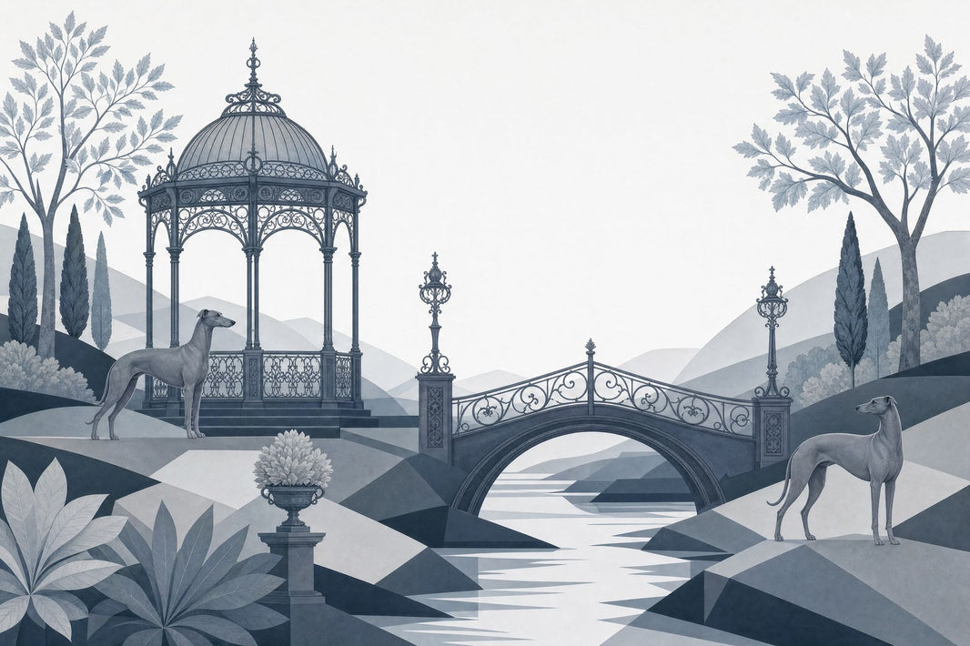 Ornate Gazebo Wallpaper Arched Bridge Greyhound Dogs Wall Mural pattern artwork