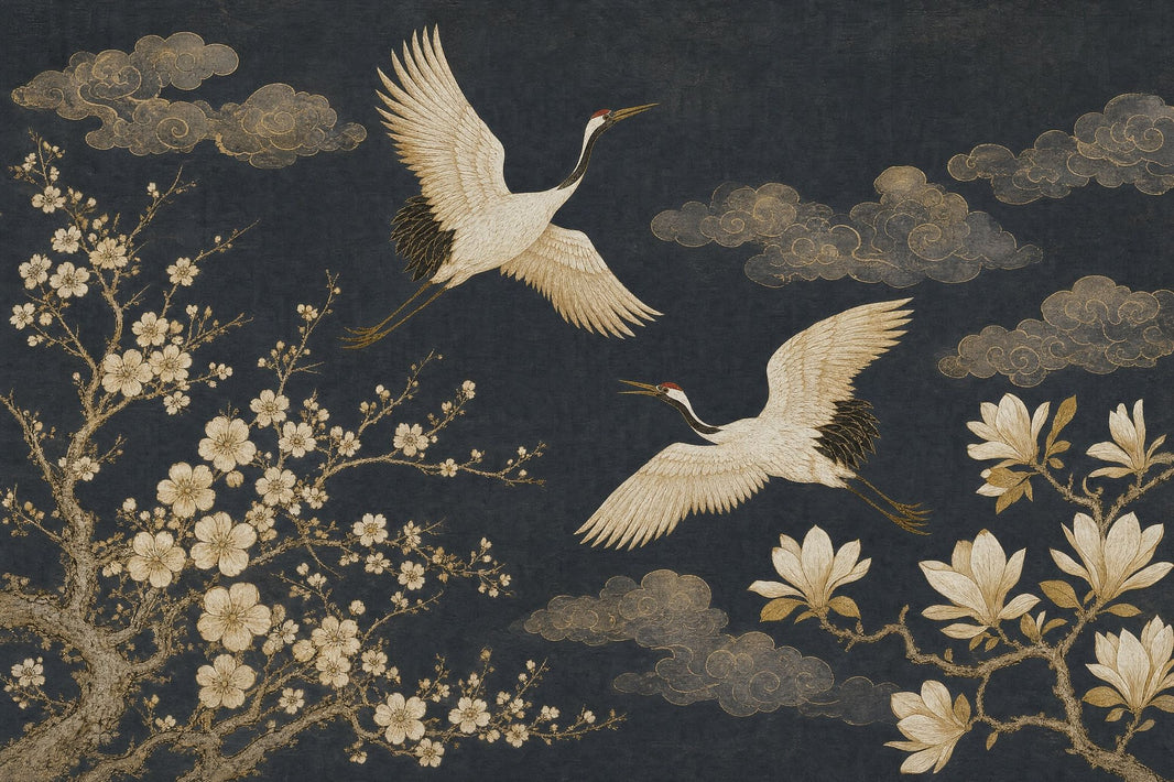 Cranes Wallpaper Gold Line Art Vintage Mural Wall Mural pattern artwork