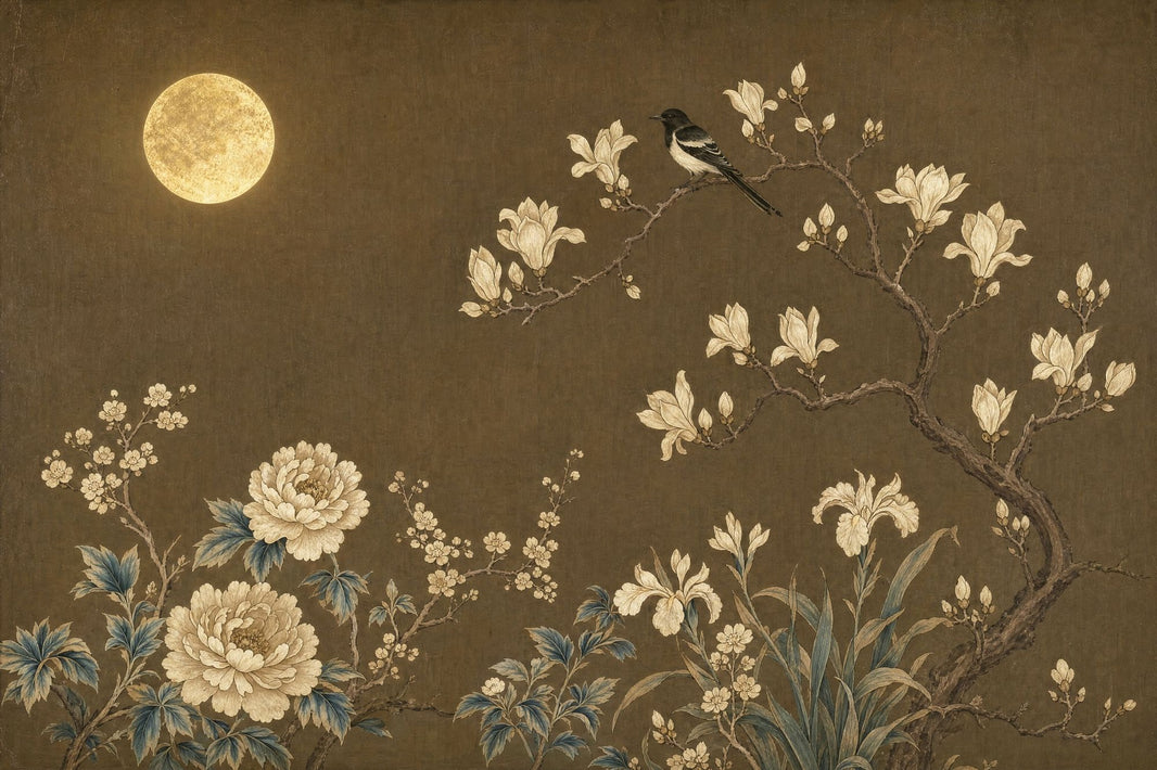 Moonlit Wallpaper Magnolia Blossoms Vintage Oriental Removable Wall Decor pattern artwork