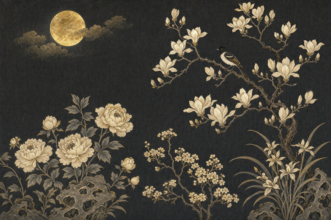 Moonlit Wallpaper Vintage Botanical Removable Asian Inspired Wall Decor pattern artwork