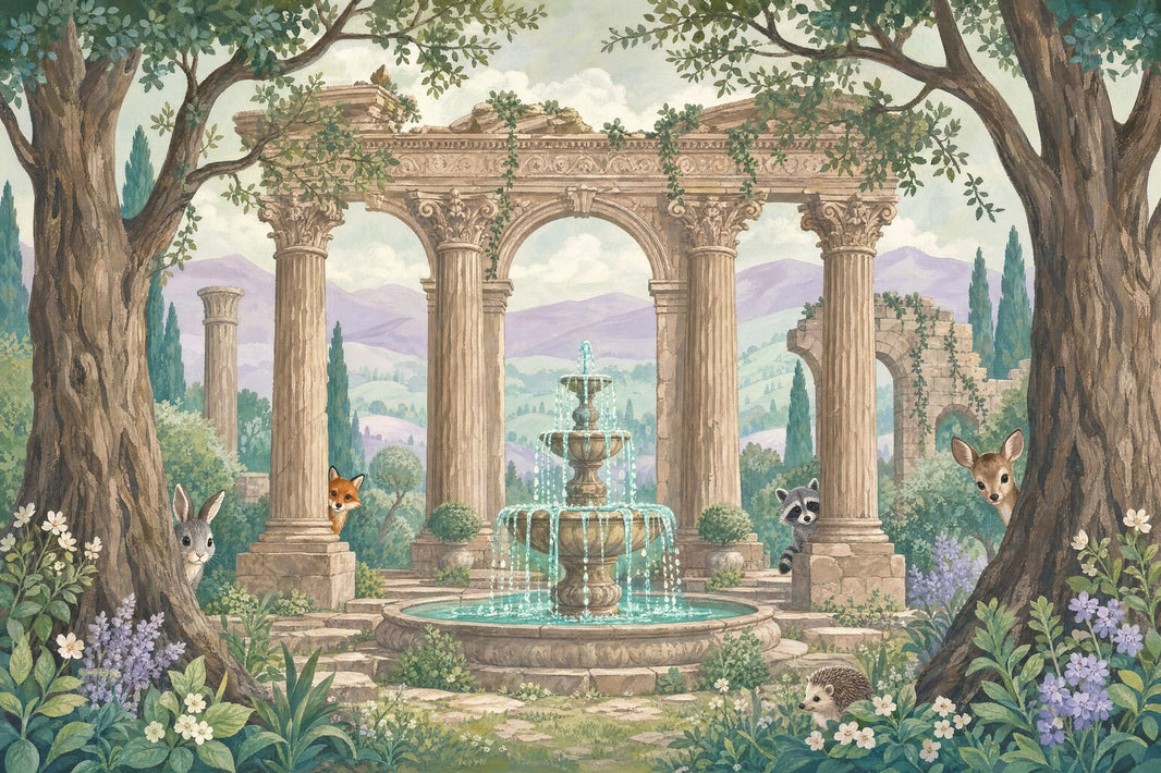 Mediterranean Garden Wallpaper Classical Ruins Woodland Animals Wall Mural pattern artwork