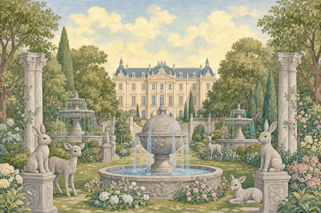 Chateau Garden Wallpaper Landscape Mural Vintage Illustration Removable Wall Decor pattern artwork