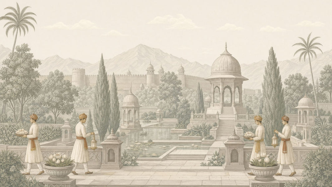Mughal Garden Wallpaper Palace Pavilion Lotus Pond Removable Wall Decor pattern artwork