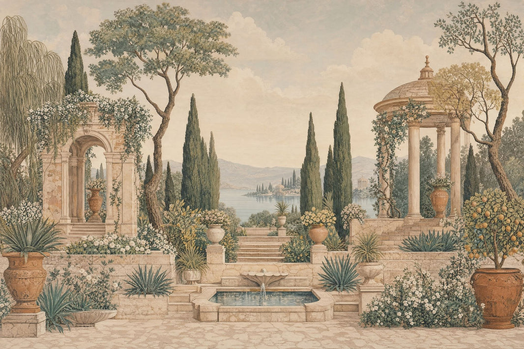 Mediterranean Garden Wallpaper Classical Architecture Cypress Trees Wall Mural pattern artwork