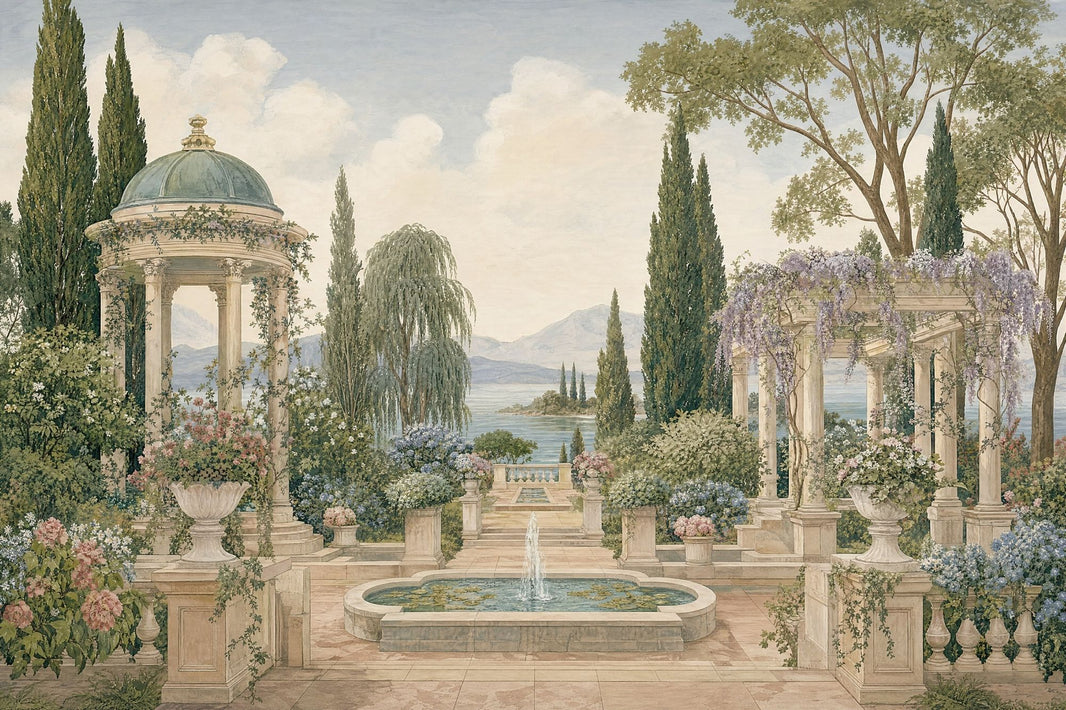 Classical Garden Wallpaper Lake And Mountains Stone Terrace Removable Wall Decor pattern artwork