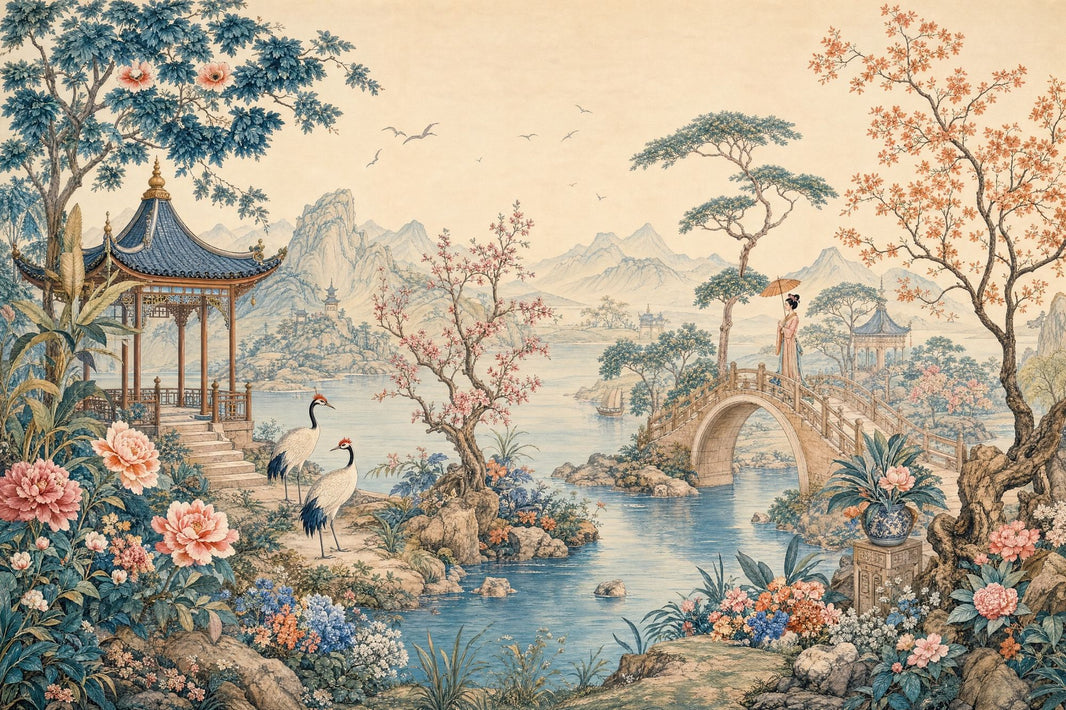 Chinoiserie Wallpaper Asian Landscape Pavilion Wall Mural pattern artwork