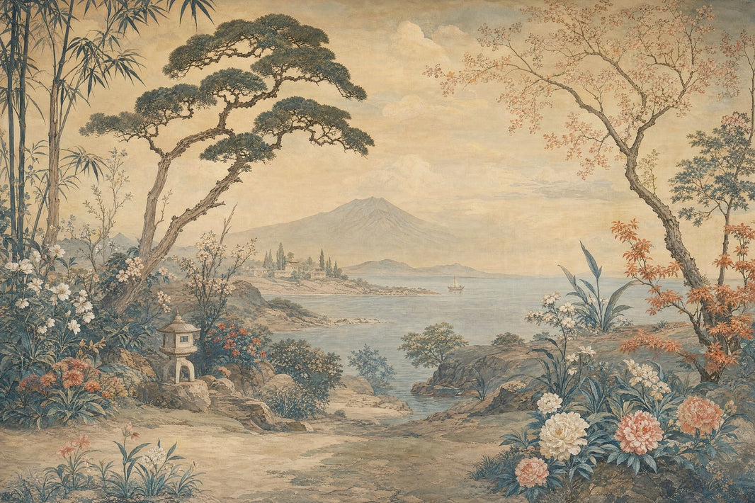 Vintage Landscape Mural Wallpaper Coastal Bay Removable Mountain Backdrop Wall Decor pattern artwork