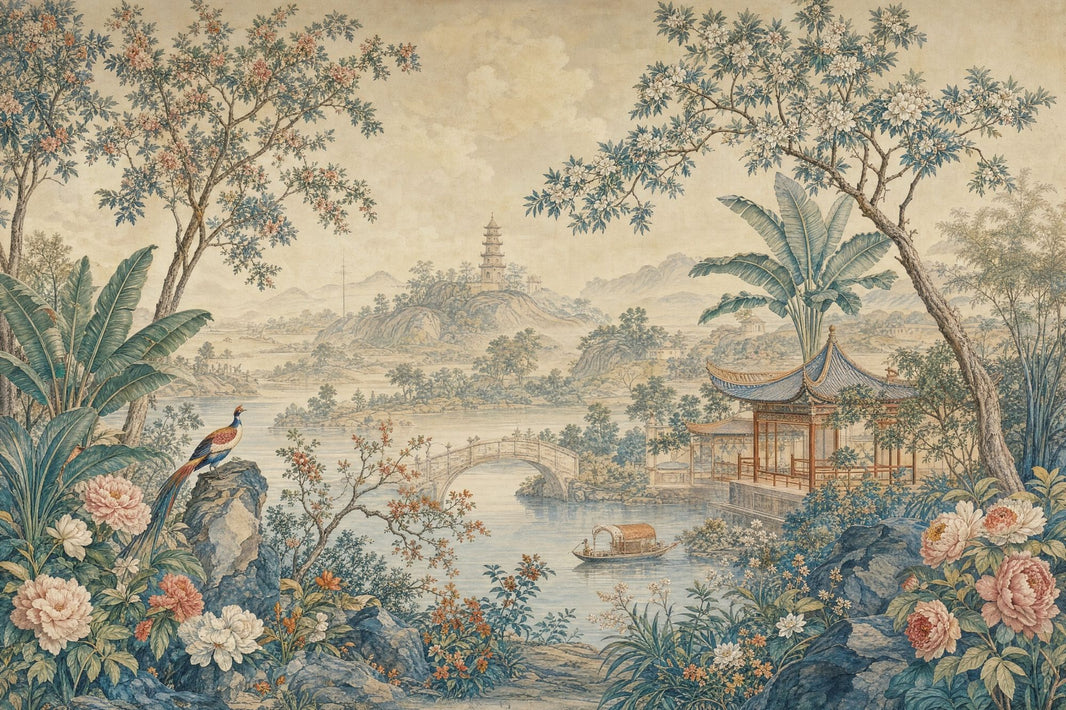 Chinoiserie Wallpaper Pagoda Asian Landscape Wall Mural pattern artwork