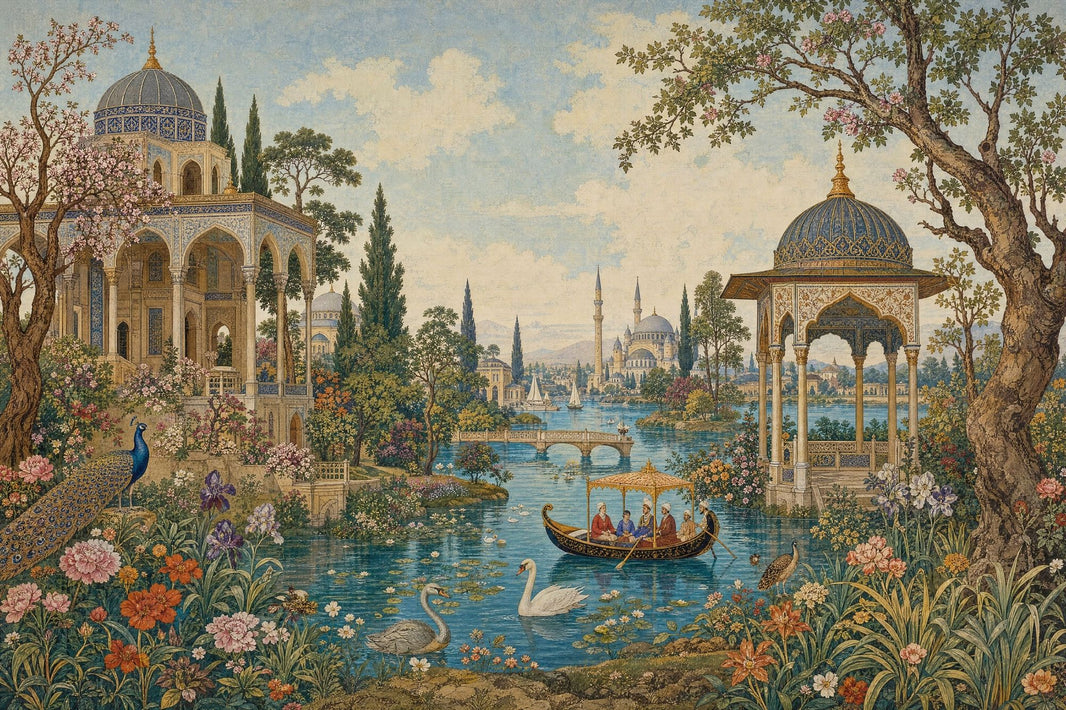 Ornate Palace Garden Wallpaper Blue Domes Islamic Architecture Wall Mural pattern artwork