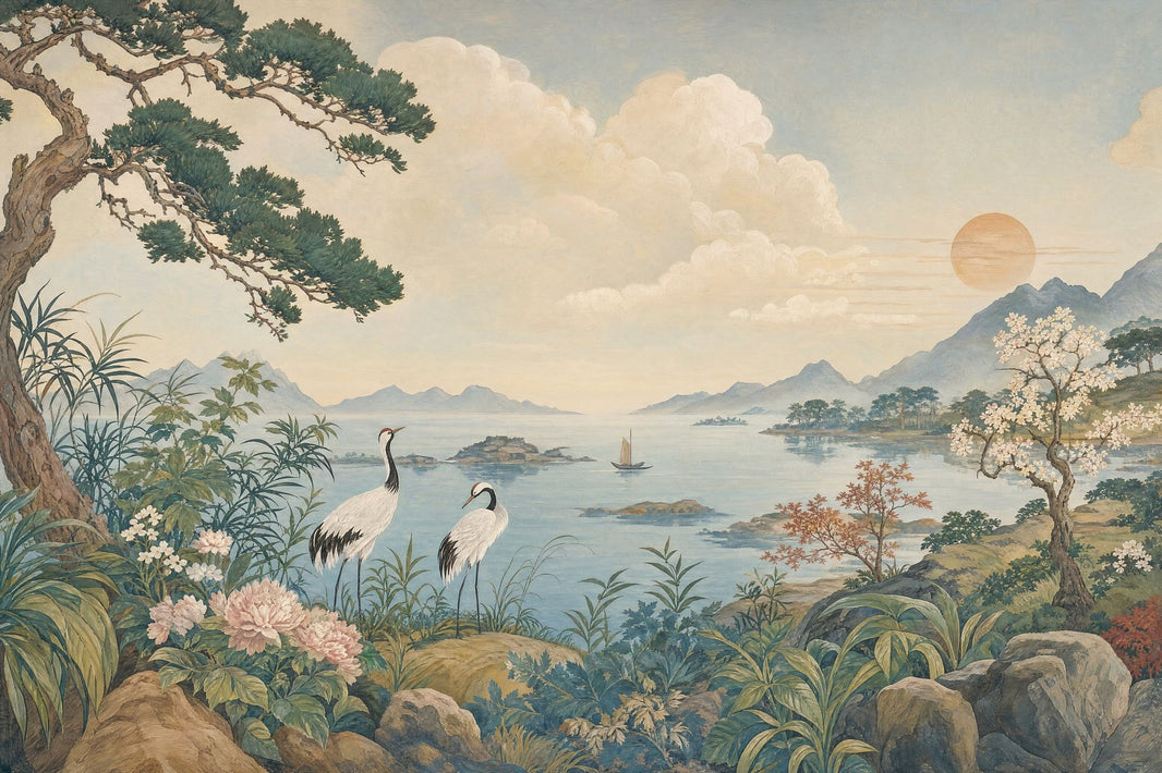 Landscape Mural Wallpaper East Asian Inspired Cranes Removable Wall Decor pattern artwork