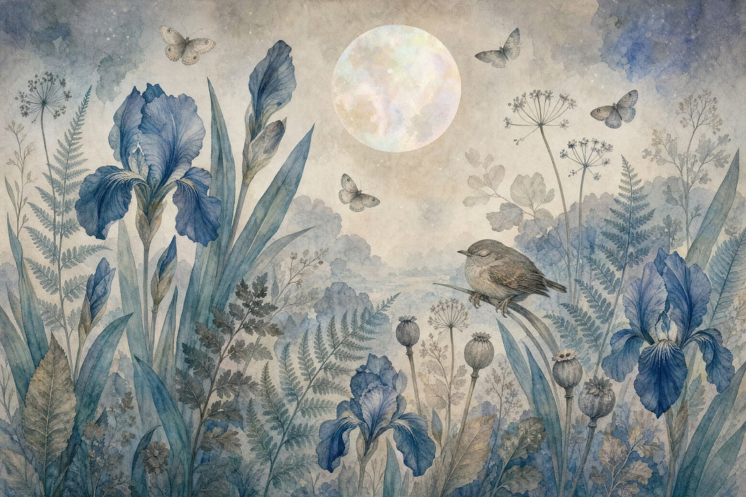 Blue Botanical Wallpaper Iris Flowers Vintage Garden Wall Mural pattern artwork