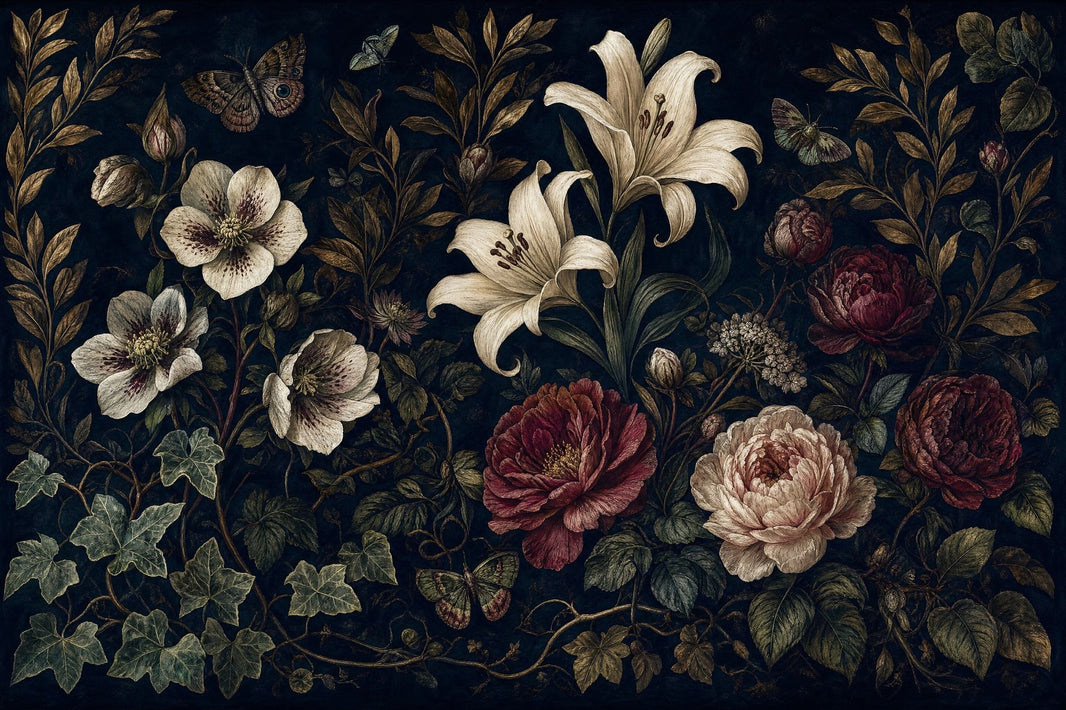 Vintage Botanical Wallpaper Floral Wallpaper Navy Background Removable Wall Decor pattern artwork