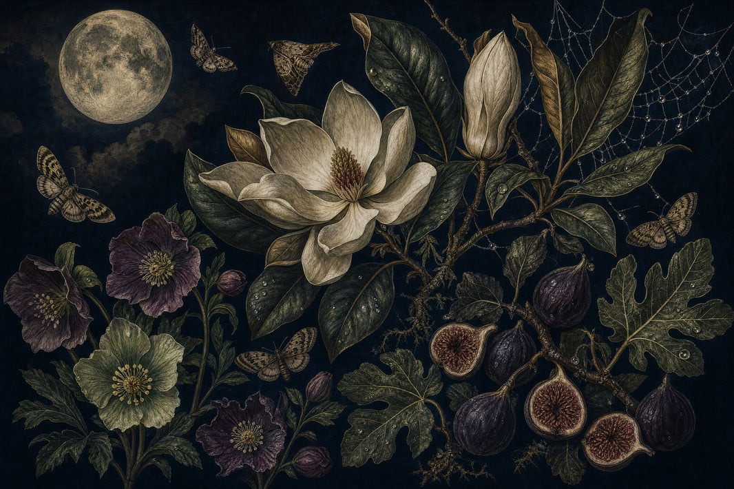 Nocturnal Botanical Wallpaper Moon Magnolia Flower Removable Wall Decor pattern artwork