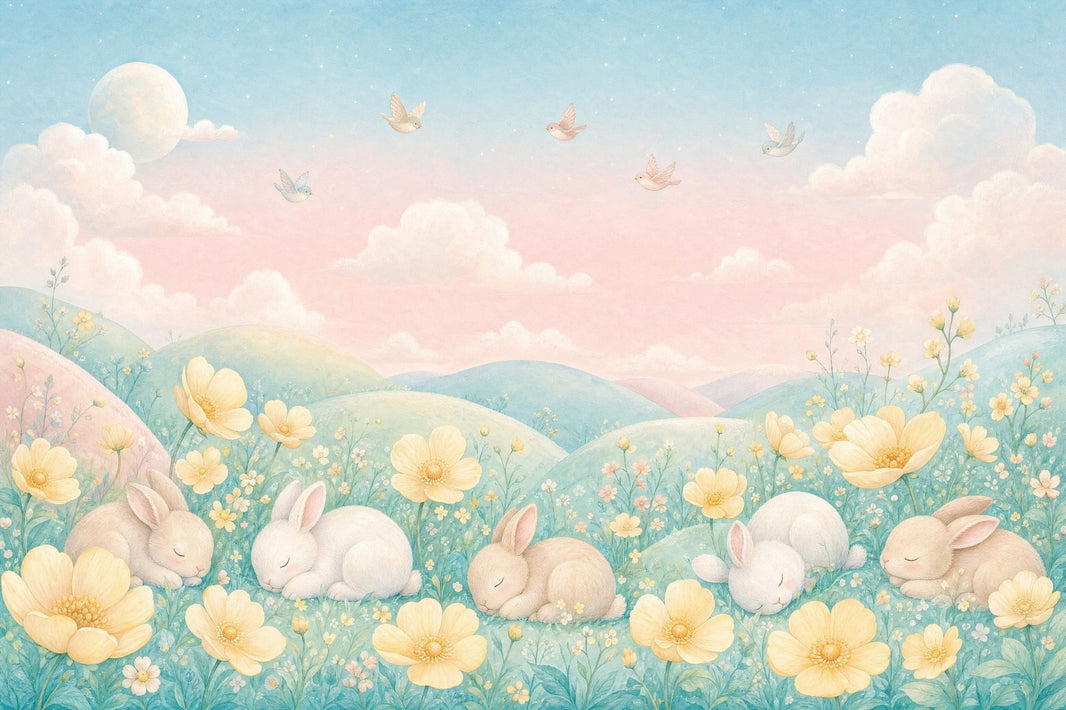 Sleeping Rabbits Wallpaper Pastel Landscape Watercolor Removable Wall Decor pattern artwork