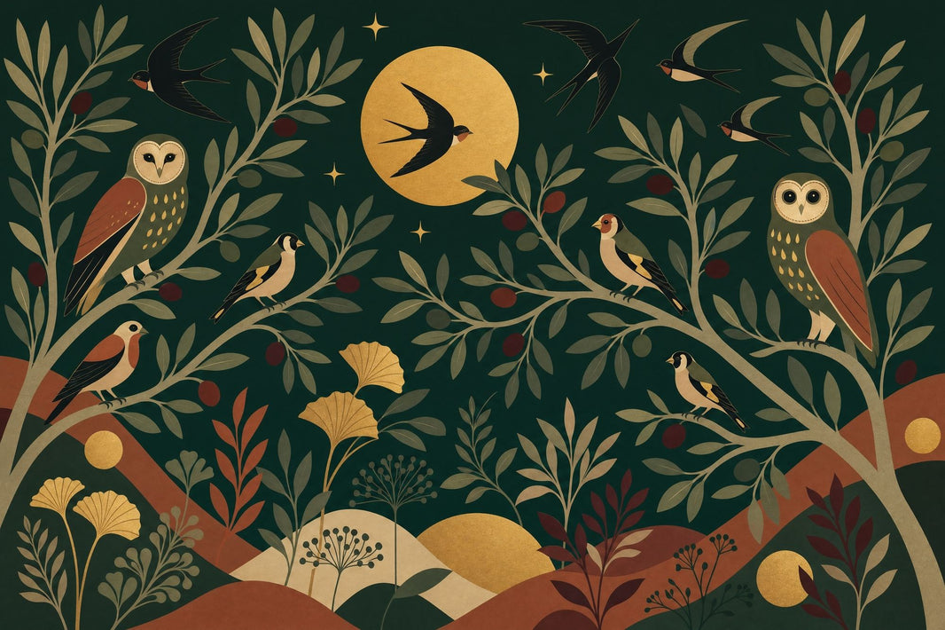 Night Forest Wallpaper Moon Vintage Folk Art Removable Wall Decor pattern artwork