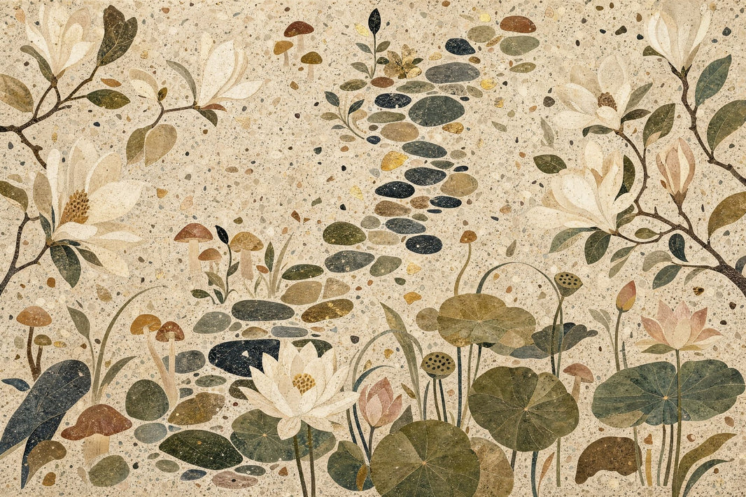 Lotus Pond Wallpaper Water Lilies Removable Stepping Stones Wall Decor pattern artwork