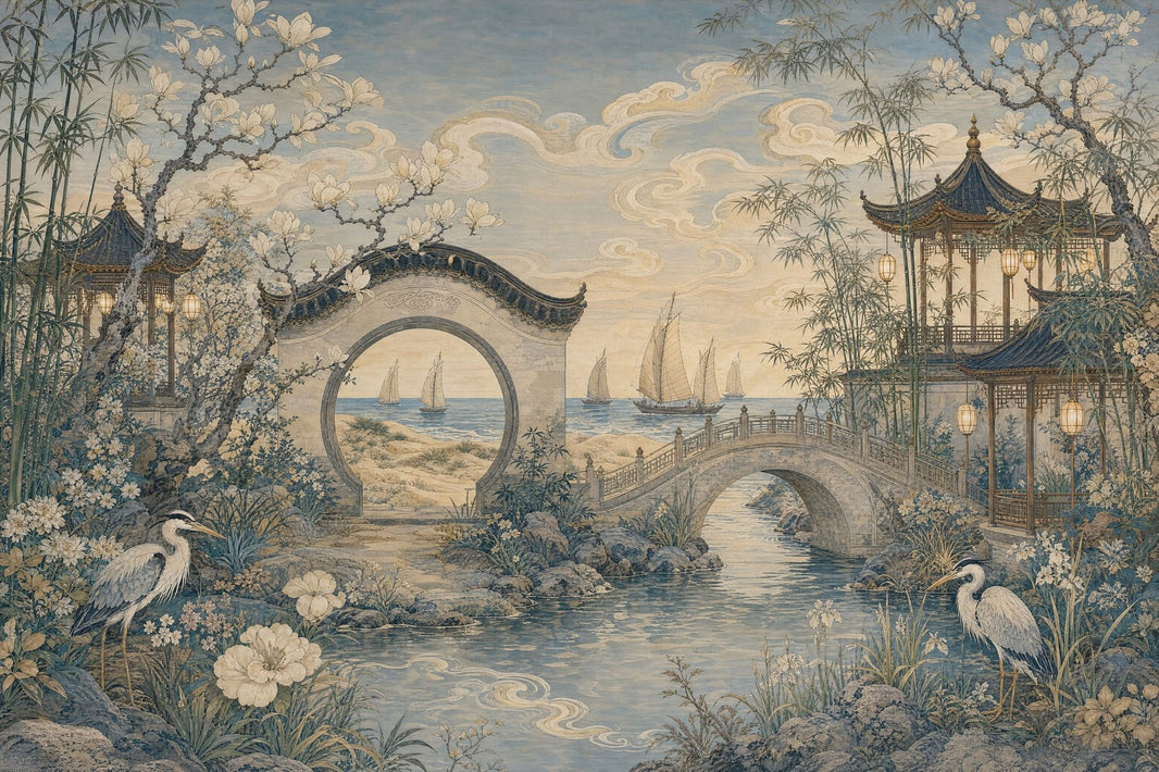 Chinoiserie Wallpaper Asian Garden Removable Pavilion Wall Decor pattern artwork