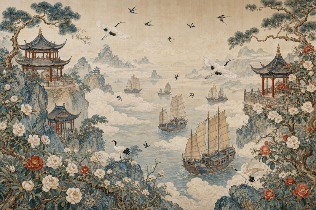 Chinese Landscape Wallpaper Misty Mountains Vintage Mural Removable Wall Decor pattern artwork