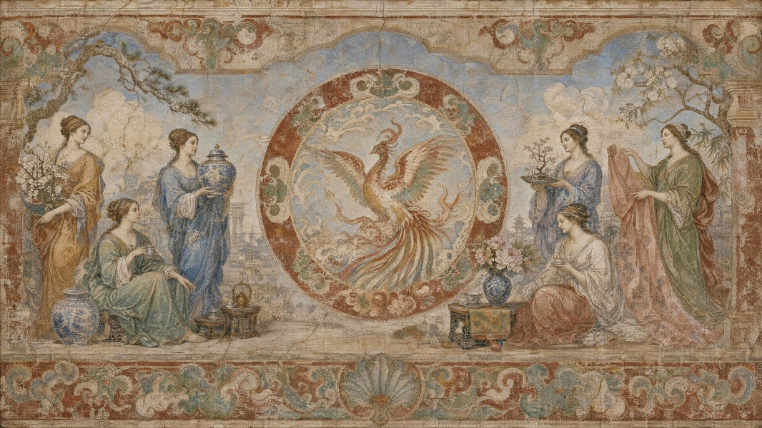 Vintage Fresco Mural Wallpaper Phoenix Medallion Blue And White Porcelain Removable Wall Decor pattern artwork