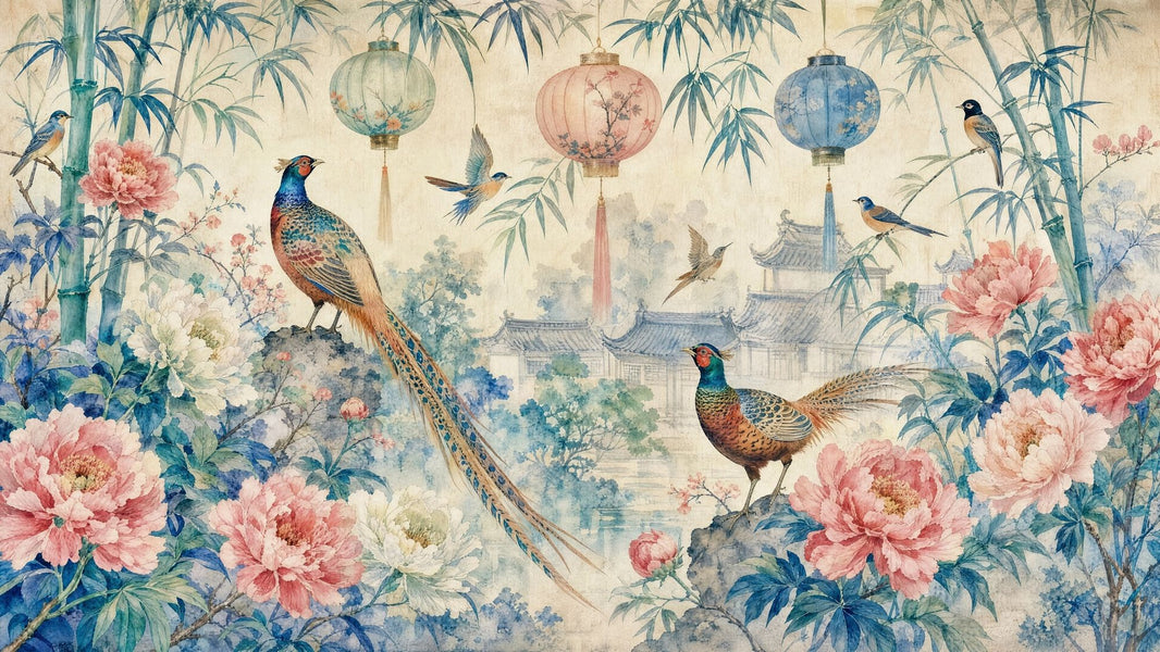 Chinoiserie Wallpaper Watercolor Removable Temple Landscape Wall Decor pattern artwork