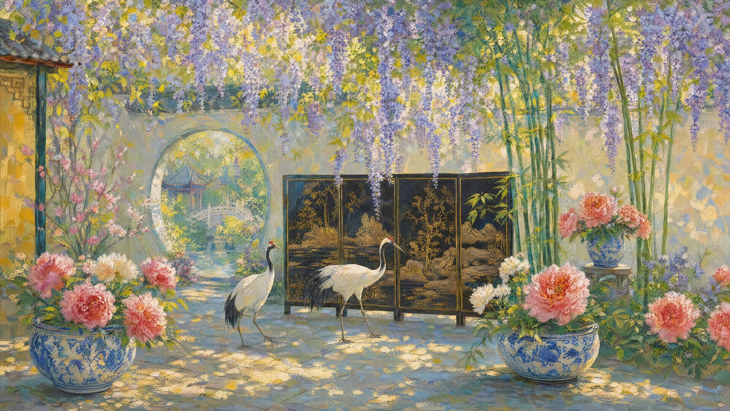 Wisteria Wallpaper Bamboo Moon Gate Wall Mural pattern artwork
