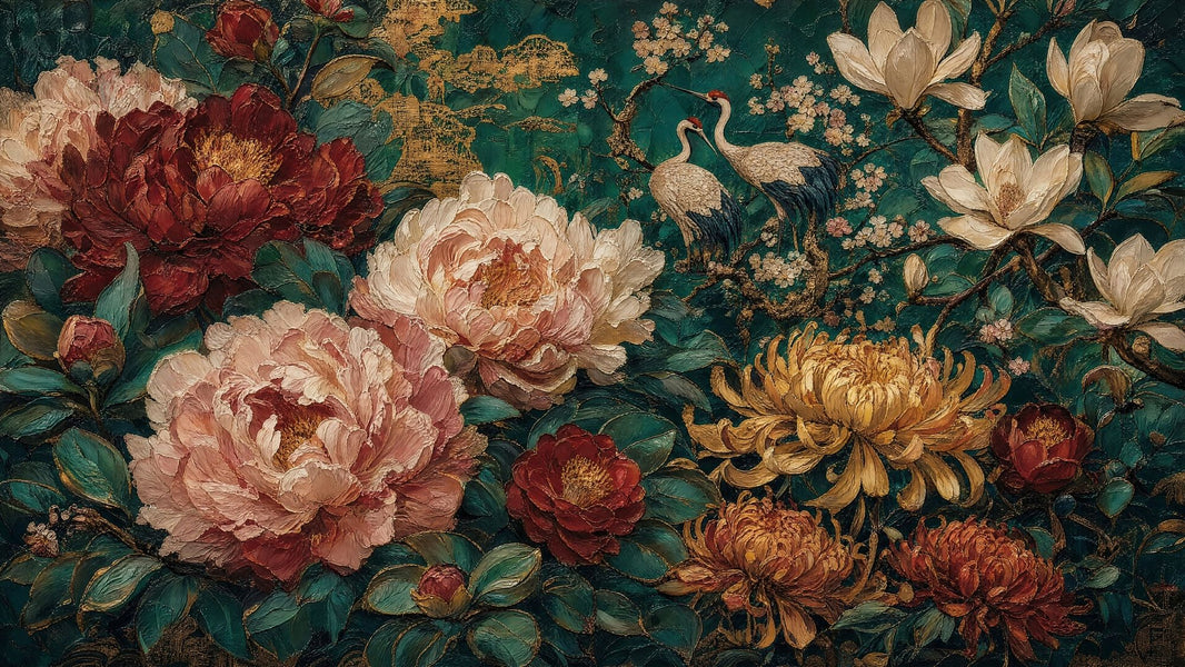 Floral Wallpaper Dark Teal Background Removable Oriental Chinoiserie Wall Decor pattern artwork