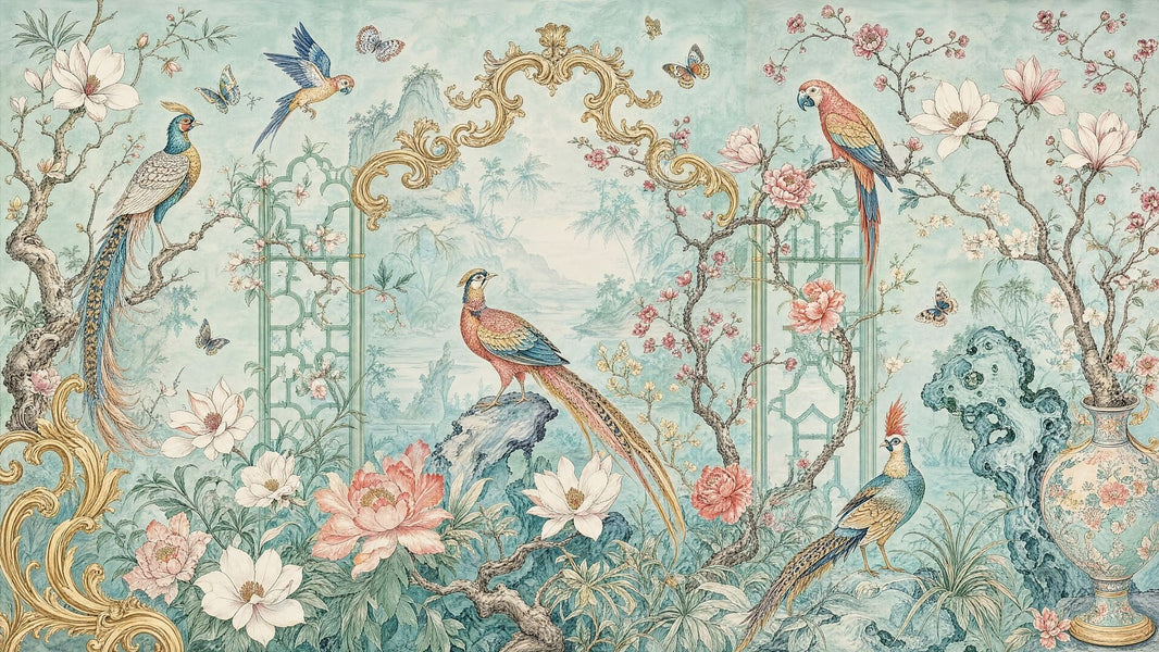 Chinoiserie Wallpaper Pastel Blue Floral Blossoms Removable Wall Decor pattern artwork