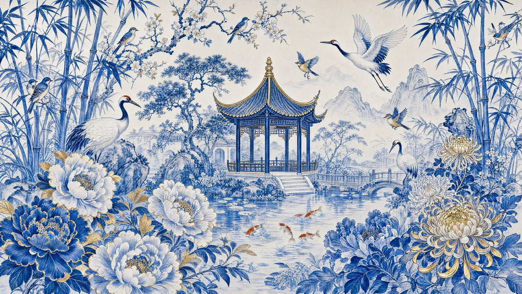 Chinoiserie Wallpaper Blue And White Removable Chinese Garden Pavilion Wall Decor pattern artwork