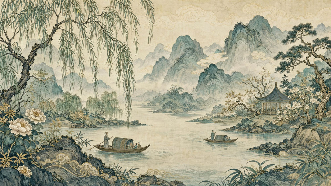 East Asian Landscape Wallpaper Misty Mountains River Wall Mural pattern artwork