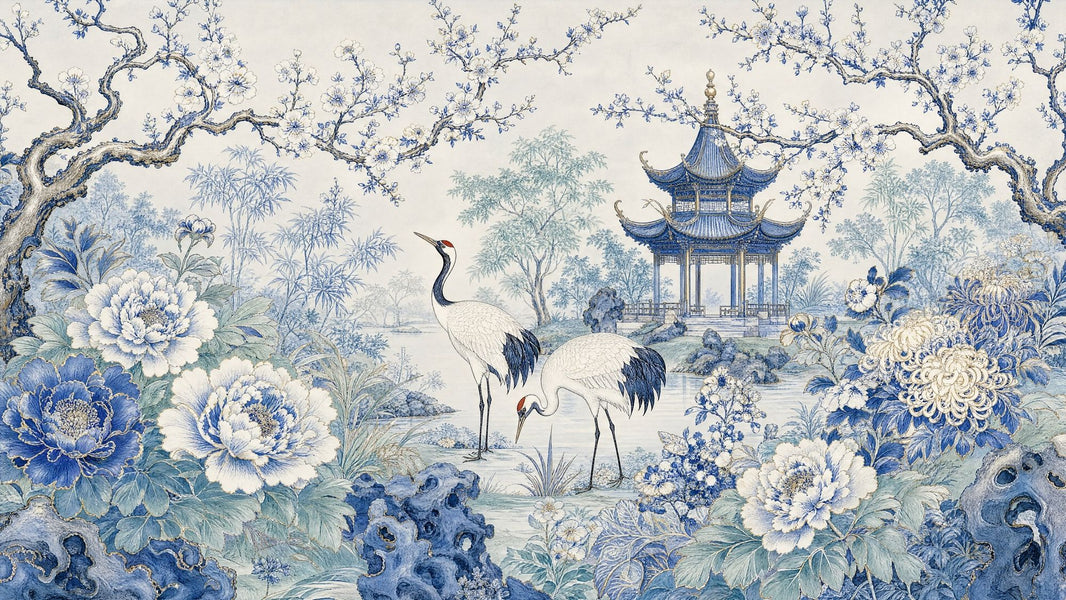 Chinoiserie Wallpaper Blue And White Cranes Removable Wall Decor pattern artwork