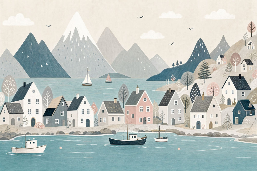 Scandinavian Fjord Wallpaper Coastal Village Watercolor Illustration Wall Mural pattern artwork