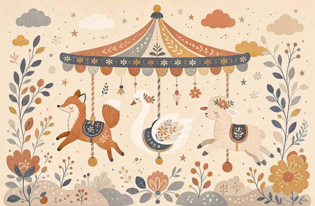 Whimsical Carousel Wallpaper Nursery Animals Folk Floral Wall Mural pattern artwork